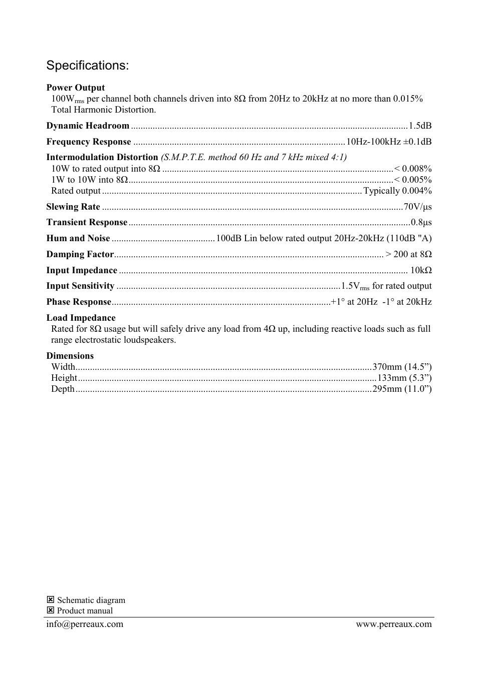 Specifications | Perreaux PMF1100 User Manual | Page 2 / 2