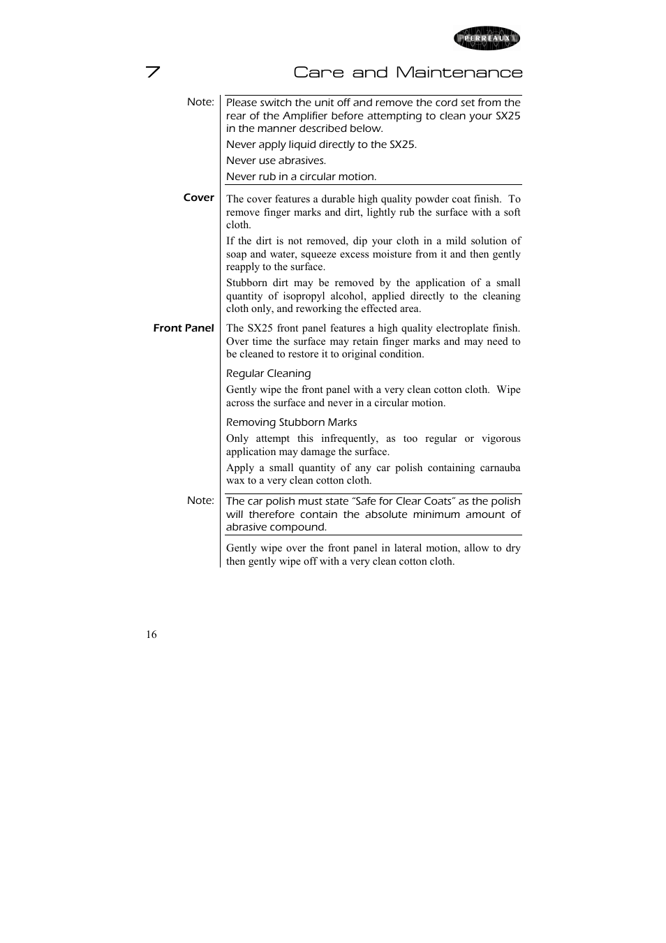 7care and maintenance | Perreaux SX25 User Manual | Page 17 / 27