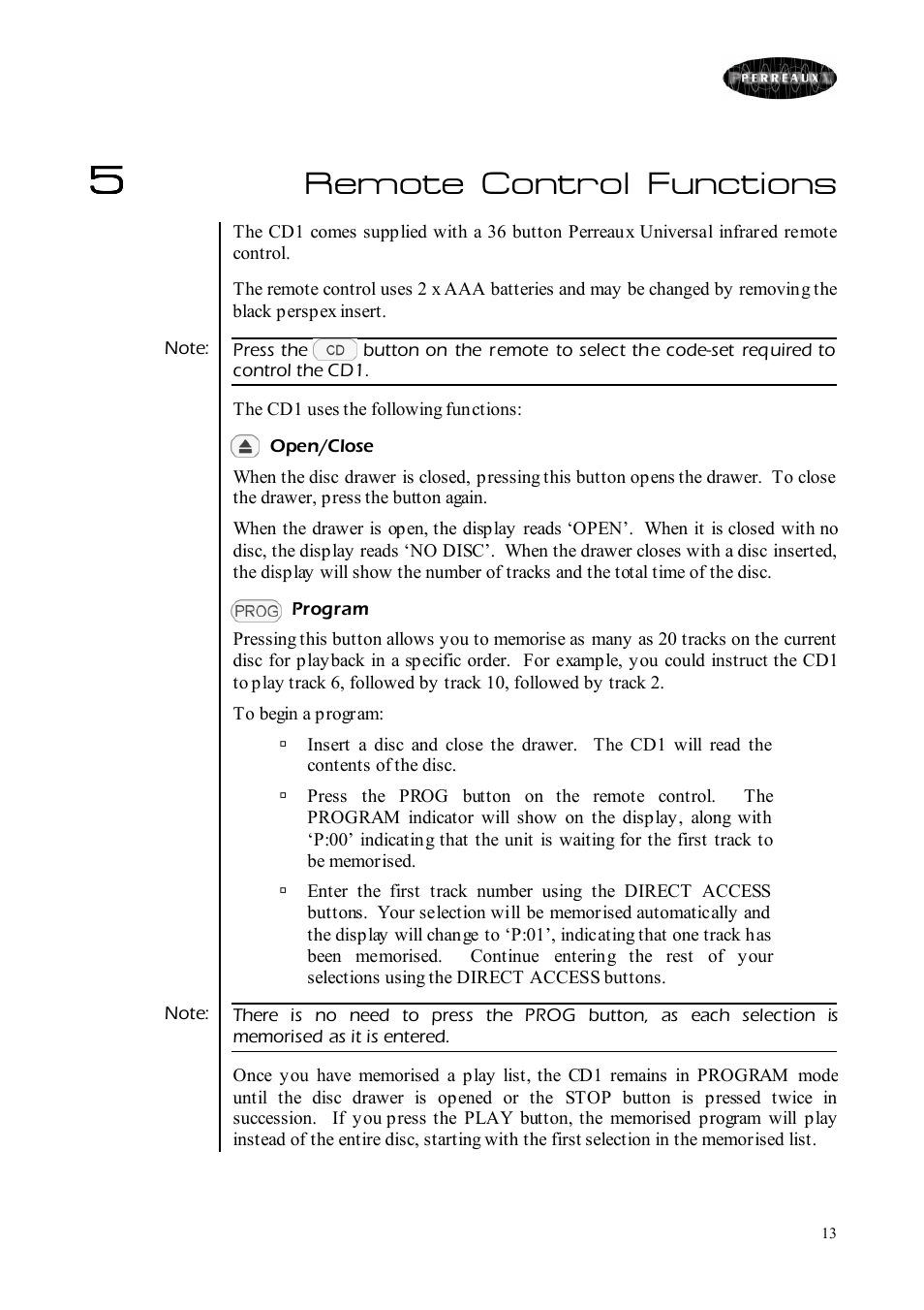 Remote control functions | Perreaux CD Player User Manual | Page 13 / 33