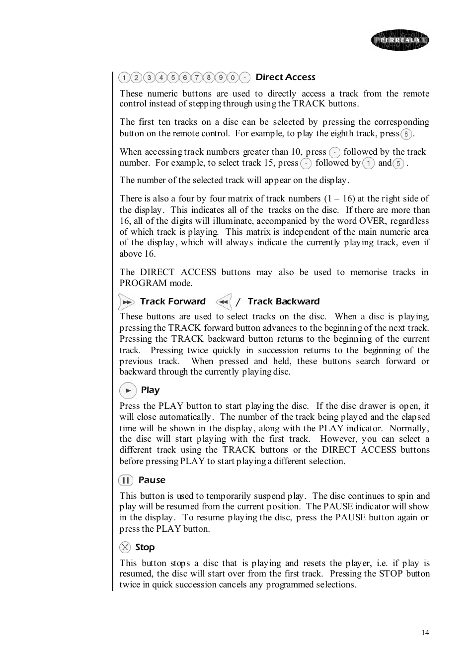 Perreaux CD Player User Manual | Page 14 / 33
