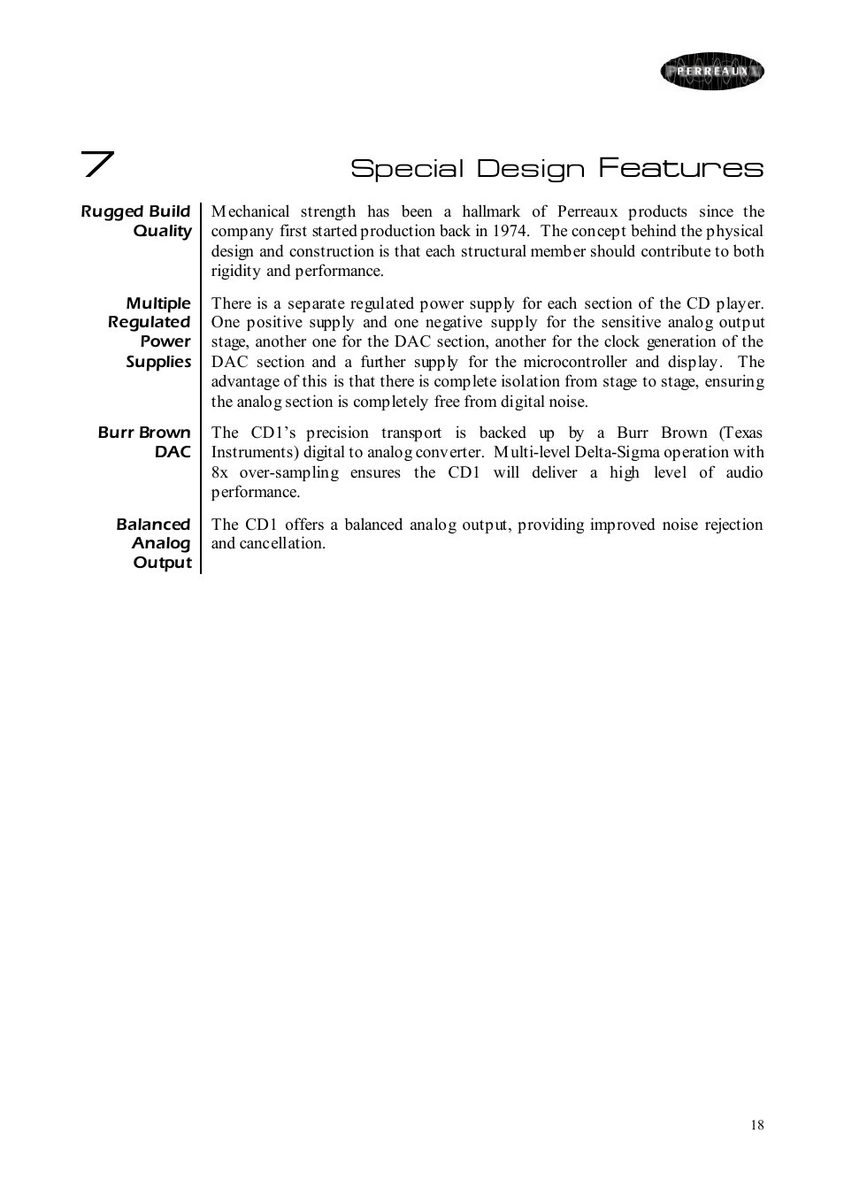 Features, Special design | Perreaux CD Player User Manual | Page 18 / 33