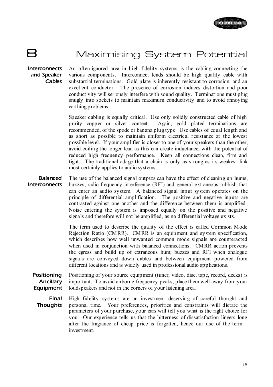 Maximising system potential | Perreaux CD Player User Manual | Page 19 / 33