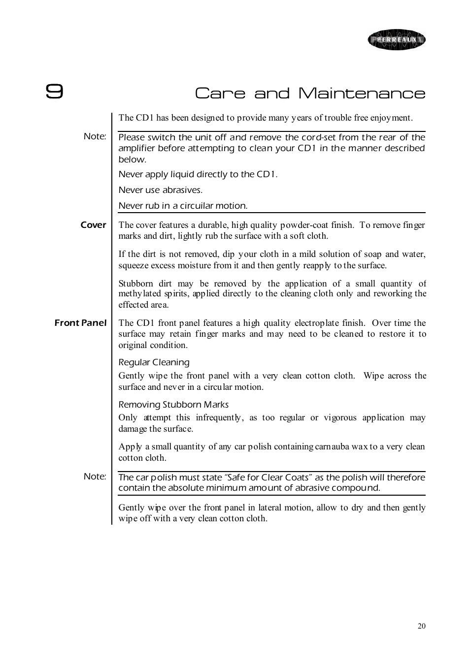 Care and maintenance | Perreaux CD Player User Manual | Page 20 / 33