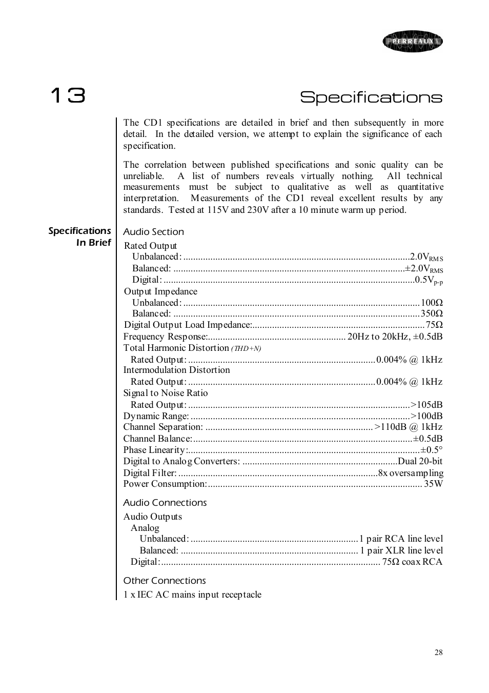 Specifications | Perreaux CD Player User Manual | Page 28 / 33