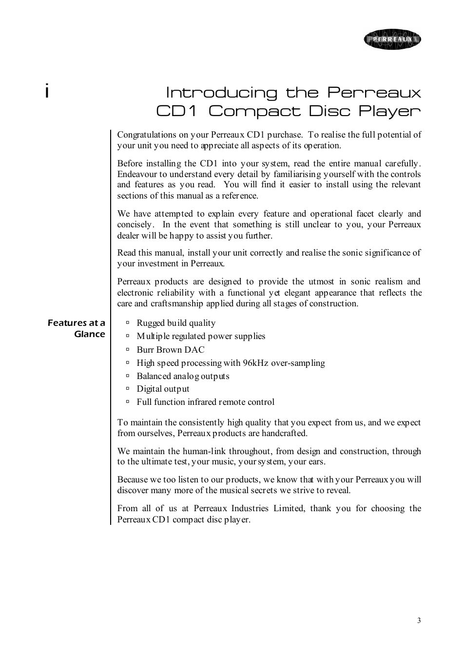 Introducing the perreaux cd1 compact disc player | Perreaux CD Player User Manual | Page 3 / 33