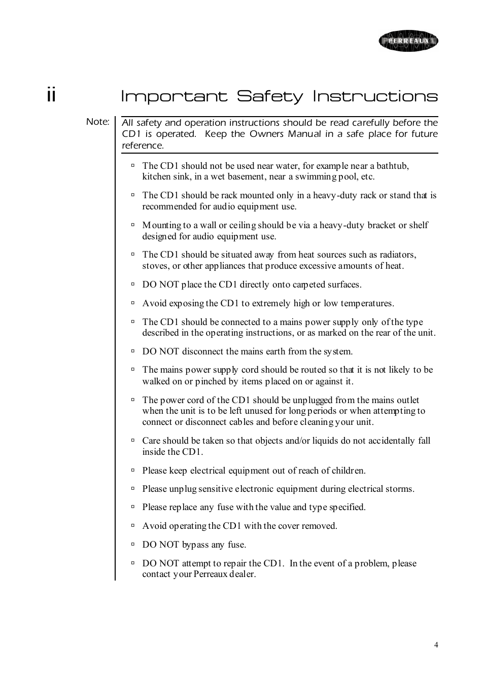 Important safety instructions | Perreaux CD Player User Manual | Page 4 / 33