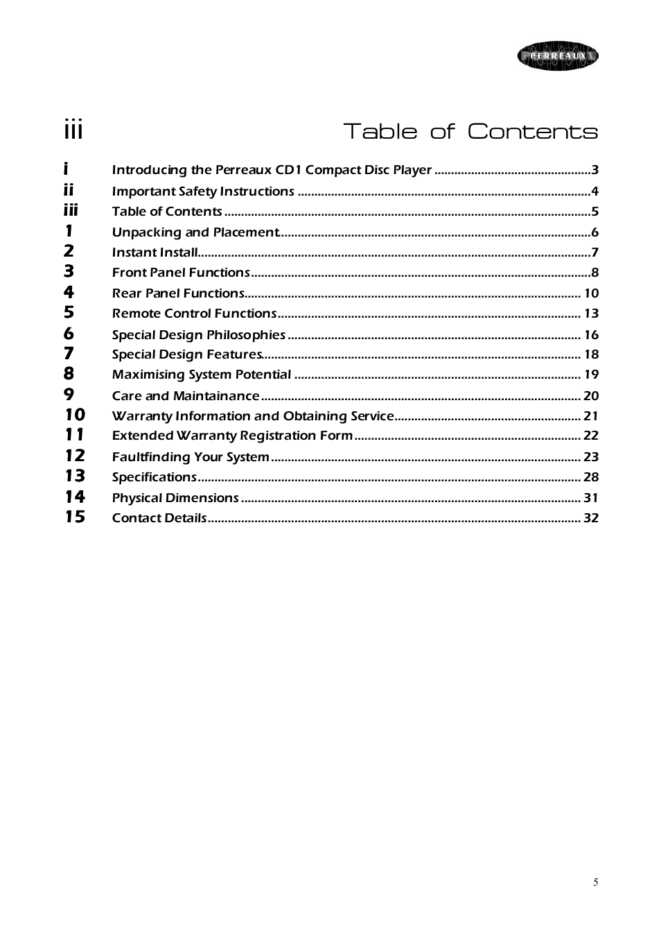 Perreaux CD Player User Manual | Page 5 / 33
