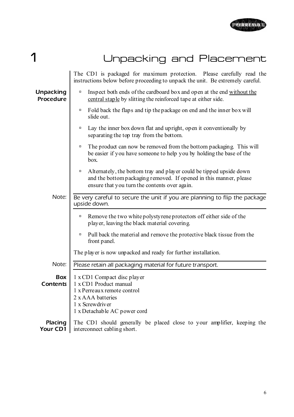 Unpacking and placement | Perreaux CD Player User Manual | Page 6 / 33