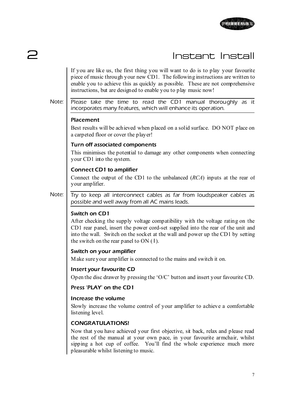Instant install | Perreaux CD Player User Manual | Page 7 / 33