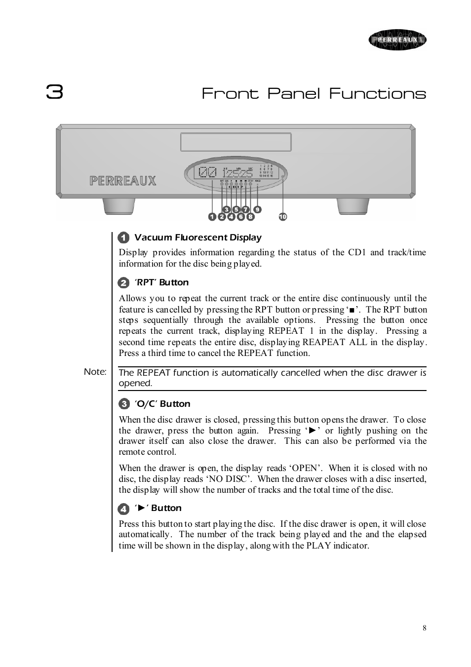 Front panel functions | Perreaux CD Player User Manual | Page 8 / 33