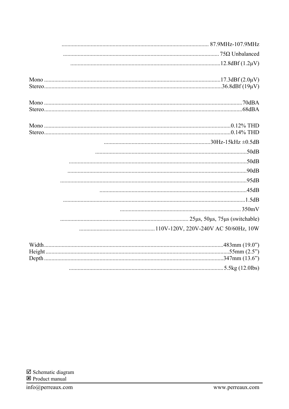 Specifications | Perreaux TU3 User Manual | Page 2 / 2