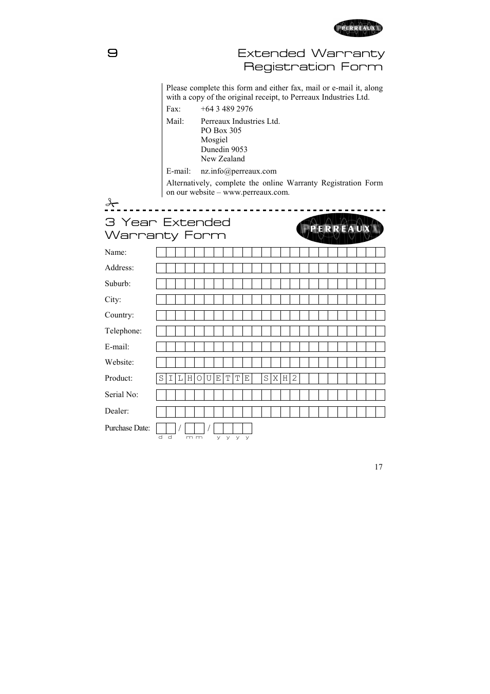 9extended warranty registration form, 3 year extended warranty form | Perreaux Headphone Amplifier Silhouette SXH2 User Manual | Page 18 / 26