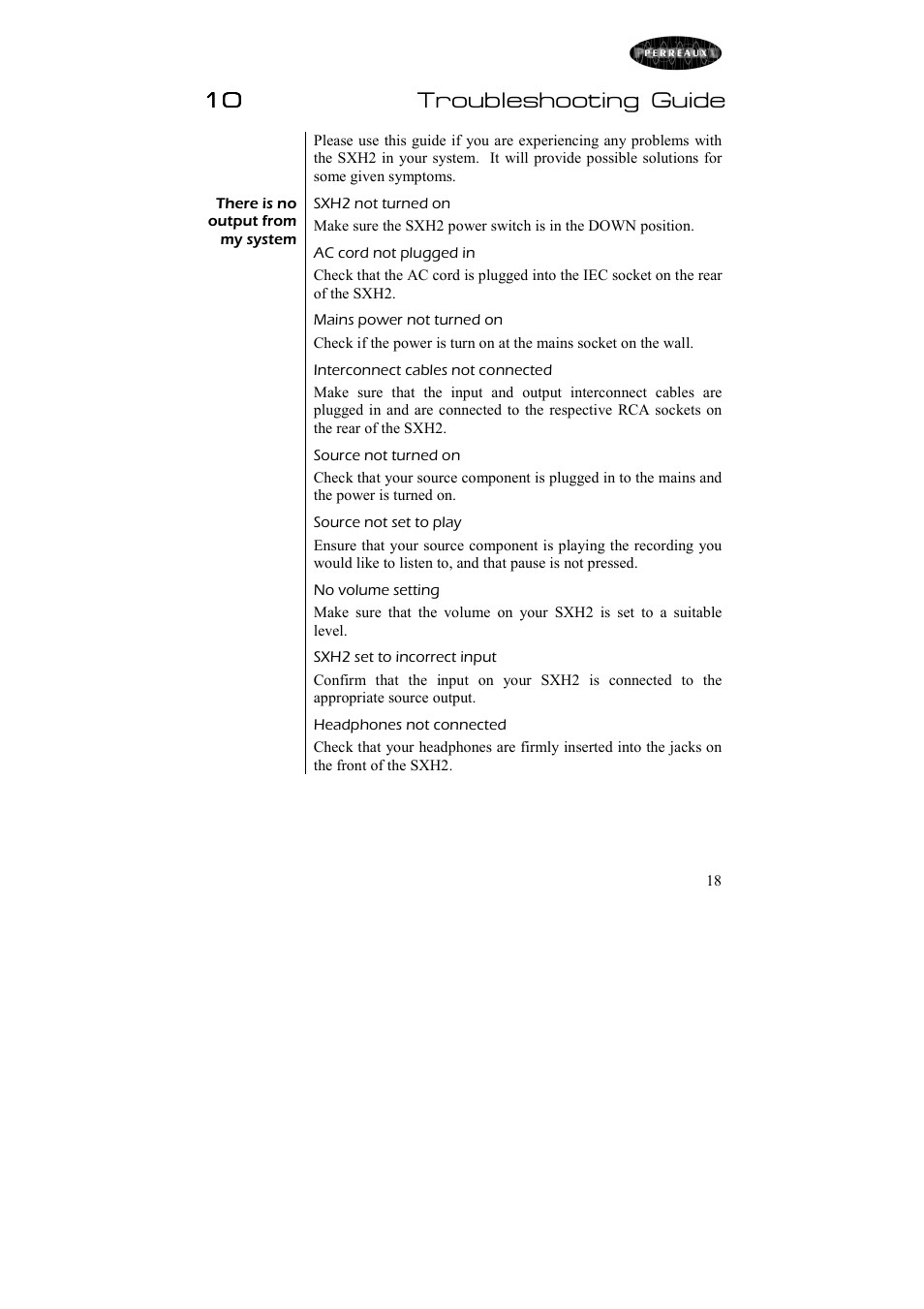 10 troubleshooting guide | Perreaux Headphone Amplifier Silhouette SXH2 User Manual | Page 19 / 26