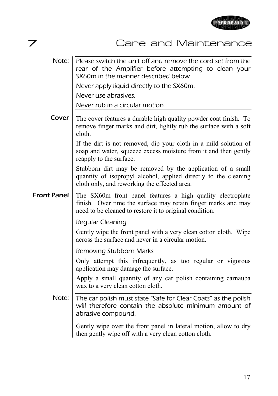 Care and maintenance, 7care and maintenance | Perreaux SX60m User Manual | Page 18 / 28