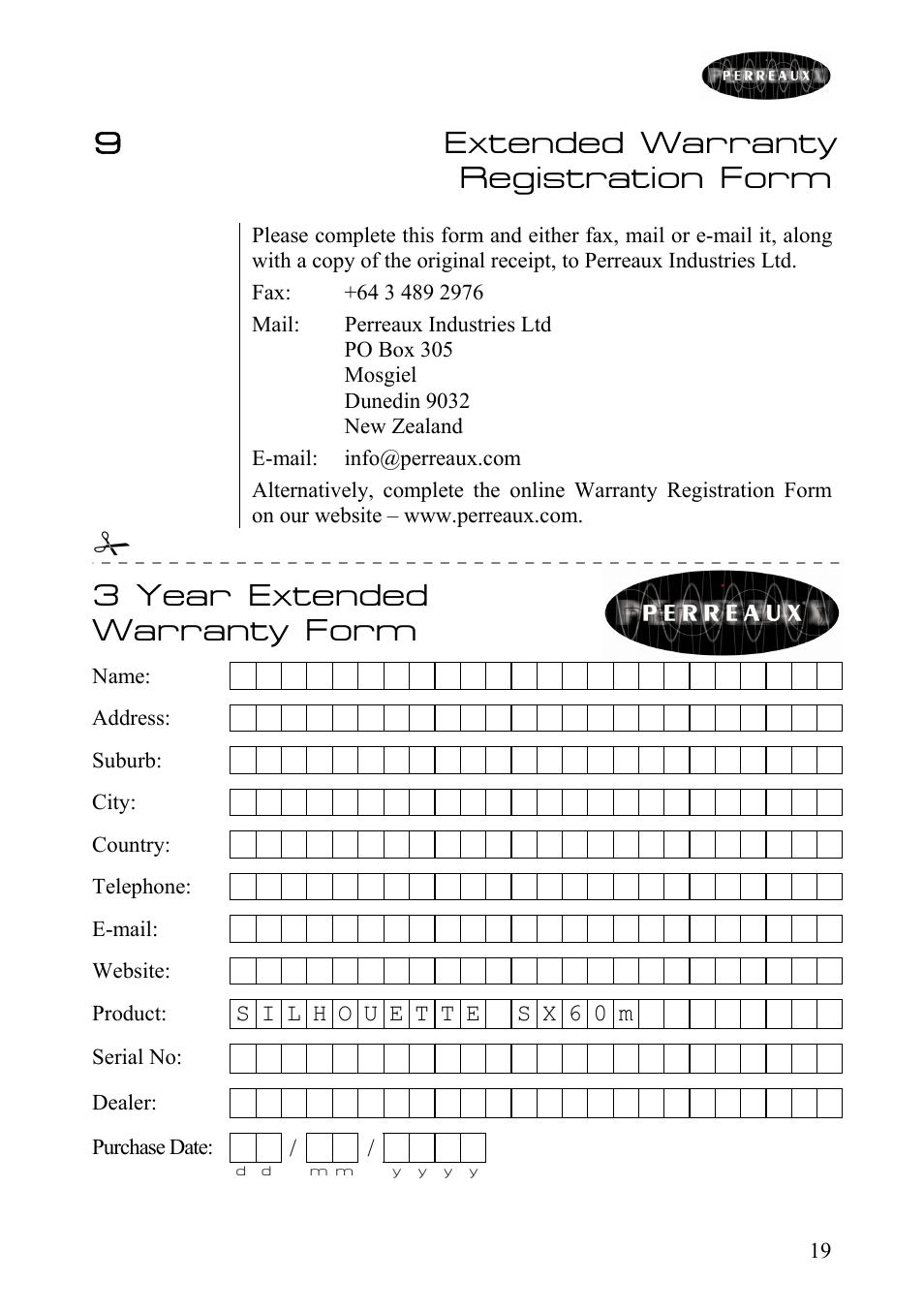 Extended warranty registration form, 9 extended warranty registration form, 3 year extended warranty form | Perreaux SX60m User Manual | Page 20 / 28