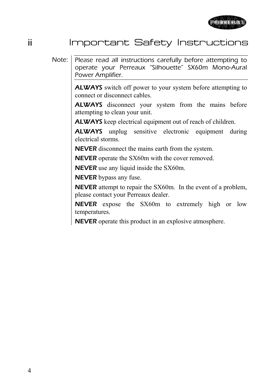 Ii important safety instructions | Perreaux SX60m User Manual | Page 5 / 28