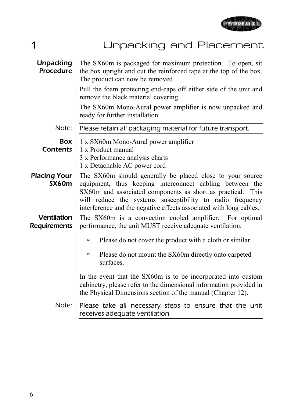 Unpacking and placement, 1unpacking and placement | Perreaux SX60m User Manual | Page 7 / 28