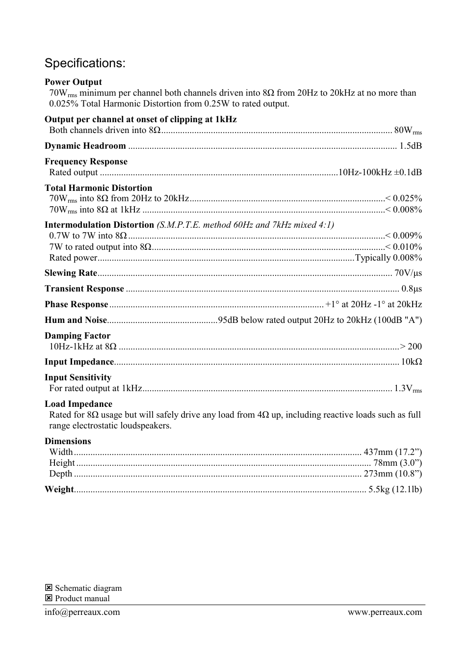 Specifications | Perreaux PMF1070 User Manual | Page 2 / 2