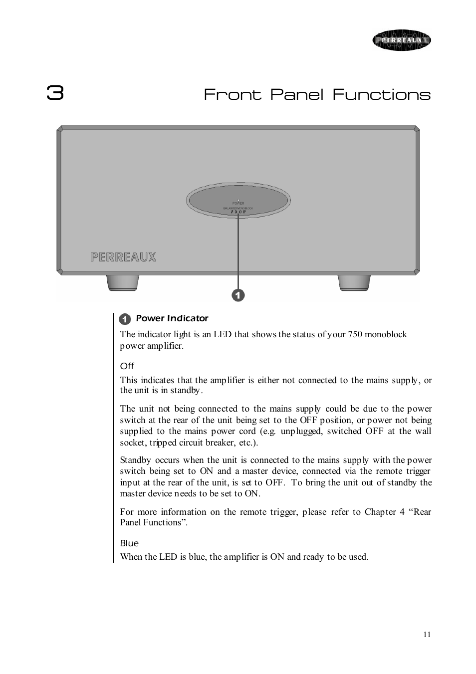 Front panel functions | Perreaux 750 User Manual | Page 11 / 38