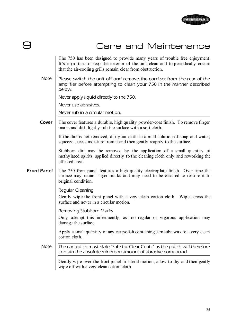 Care and maintenance | Perreaux 750 User Manual | Page 25 / 38