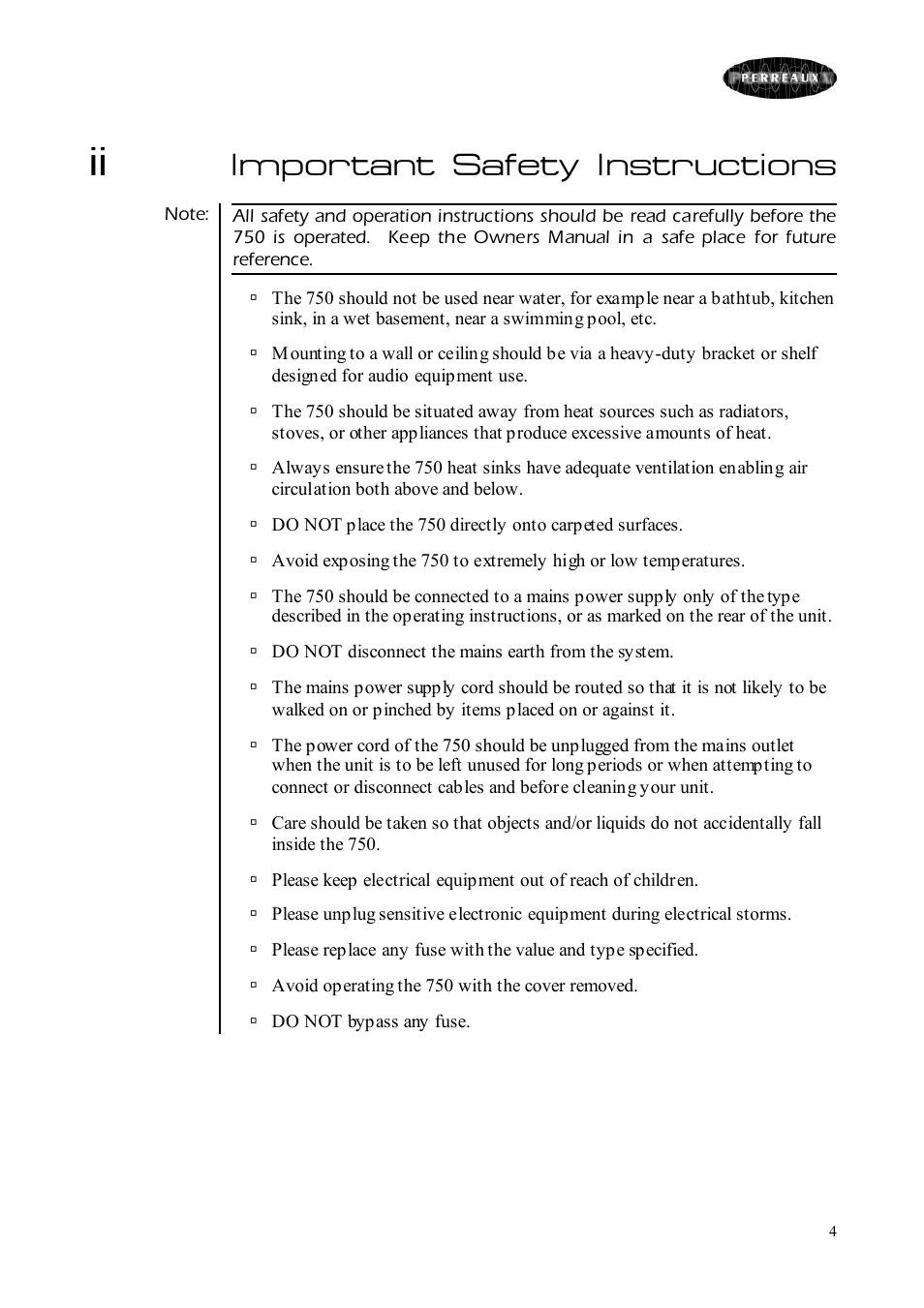 Important safety instructions | Perreaux 750 User Manual | Page 4 / 38