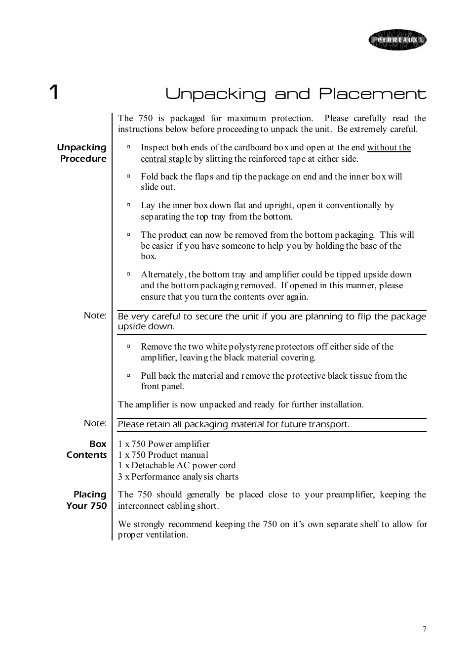 Unpacking and placement | Perreaux 750 User Manual | Page 7 / 38