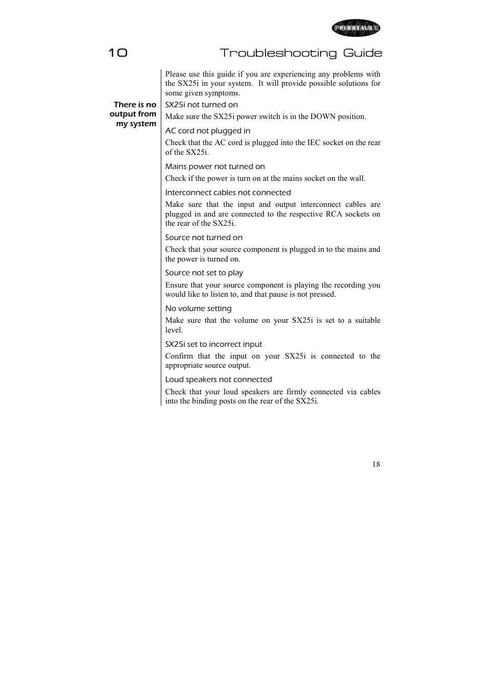 10 troubleshooting guide | Perreaux 25W Integrated Amplifier SX25i User Manual | Page 19 / 26