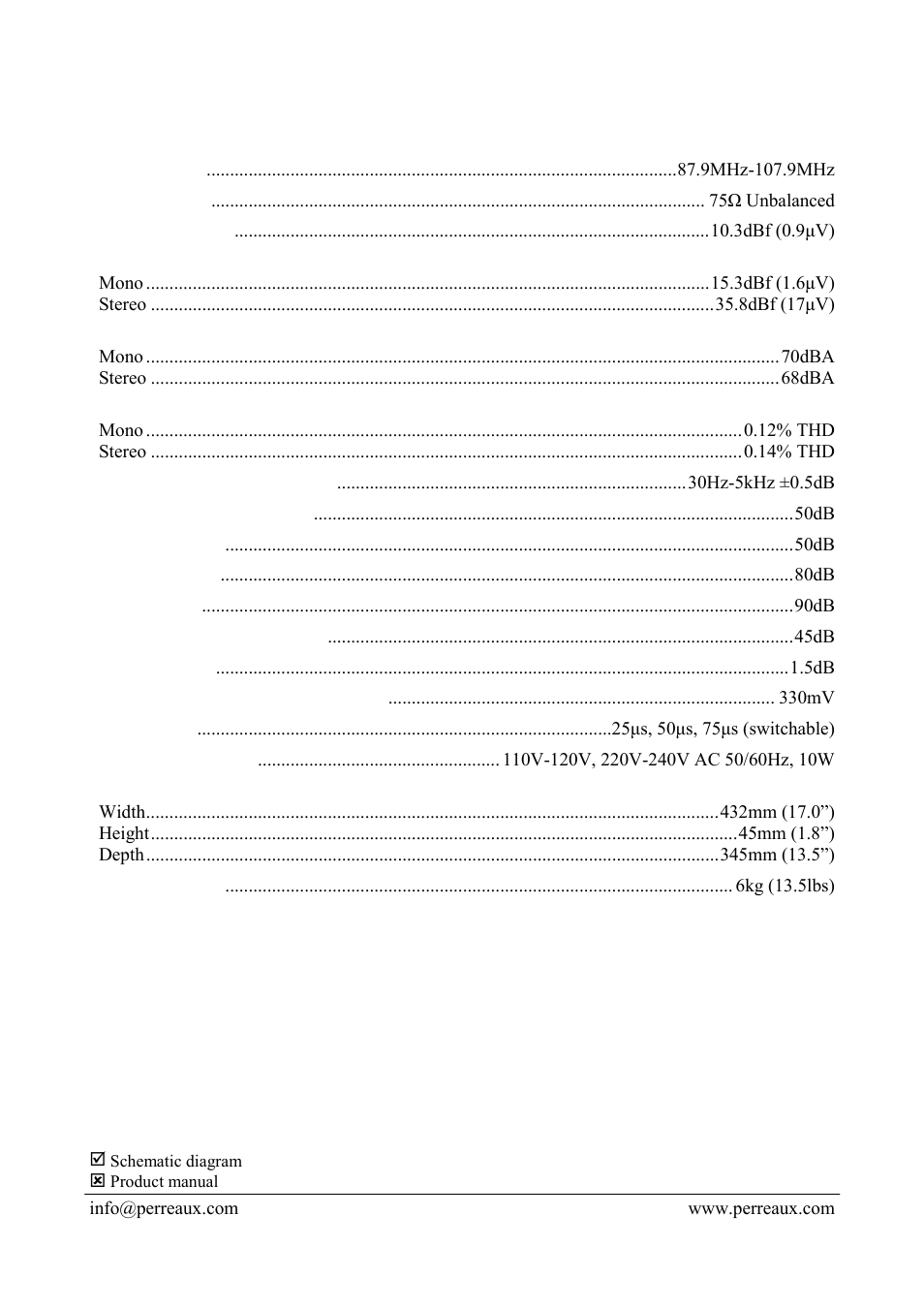 Specifications | Perreaux TU1 User Manual | Page 2 / 2