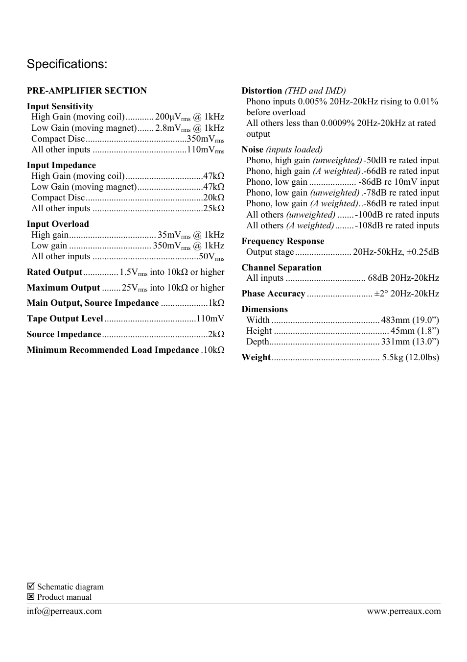 Specifications | Perreaux SA3 User Manual | Page 2 / 2