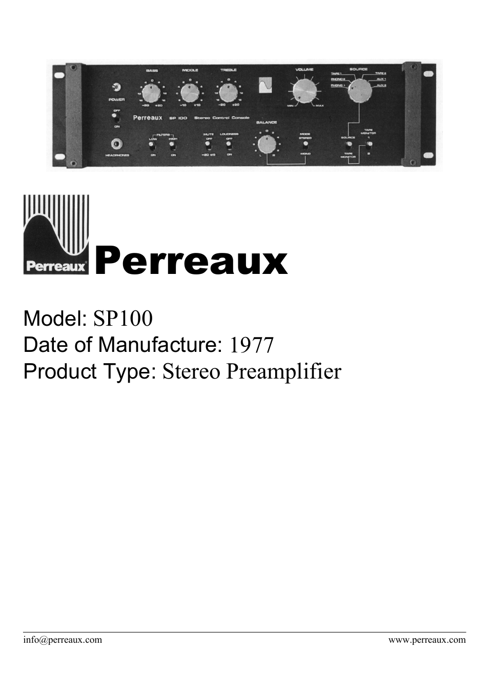 Perreaux SP100 User Manual | 2 pages