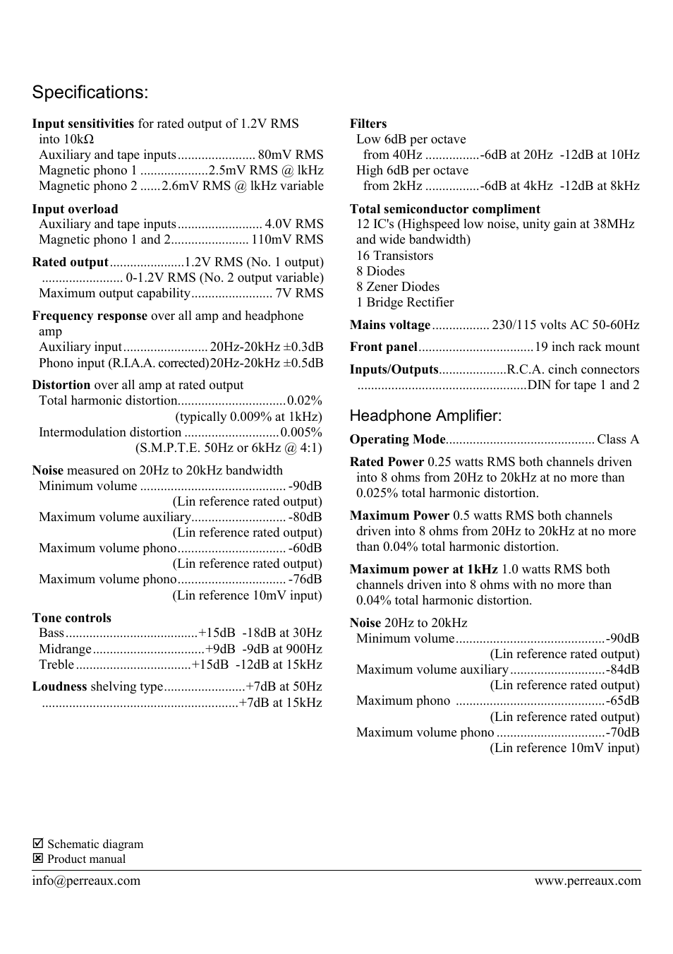 Specifications | Perreaux SP100 User Manual | Page 2 / 2