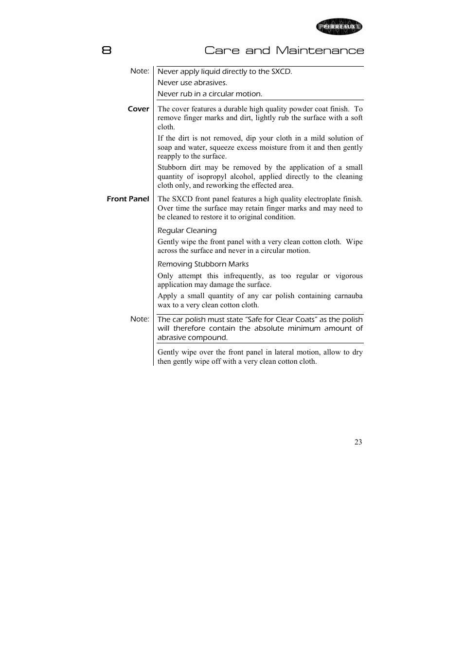 8care and maintenance | Perreaux Silhouette SXCD User Manual | Page 24 / 35