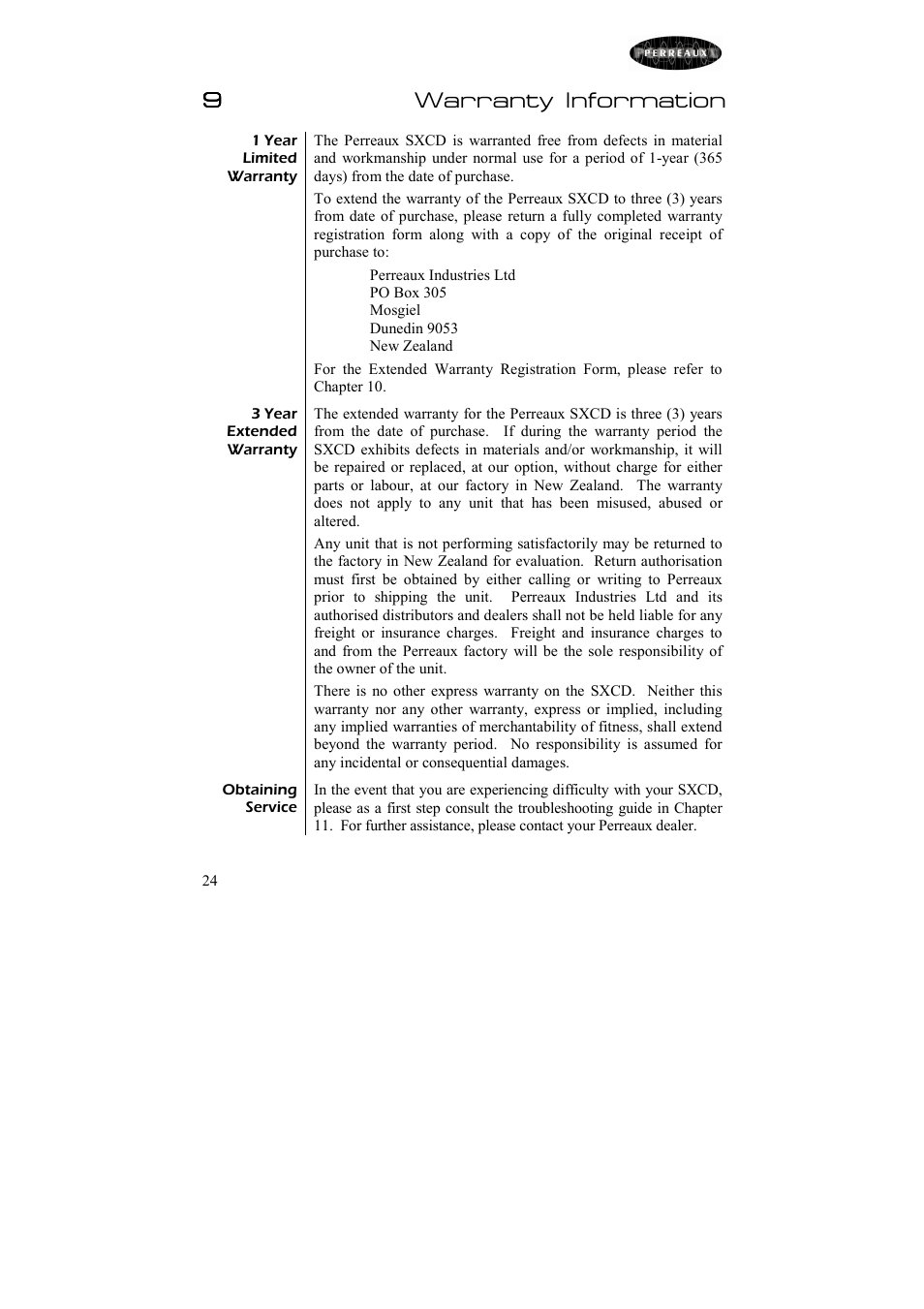 9warranty information | Perreaux Silhouette SXCD User Manual | Page 25 / 35