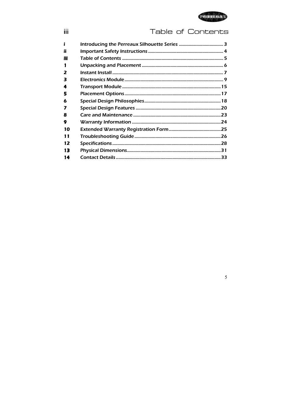 Iii table of contents | Perreaux Silhouette SXCD User Manual | Page 6 / 35