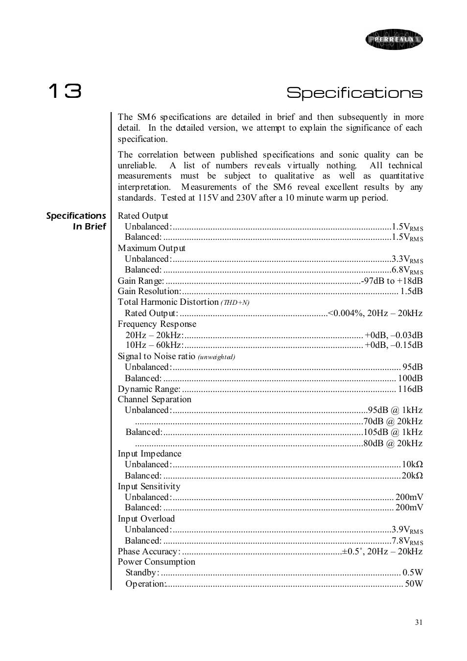 Specifications | Perreaux SM6 MKII User Manual | Page 31 / 37