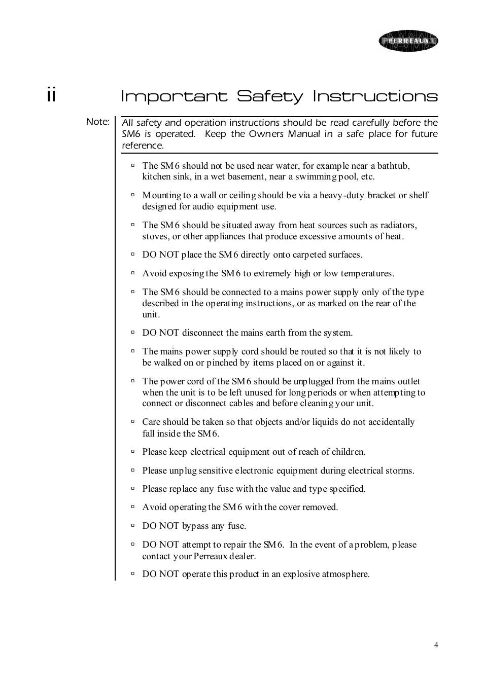 Important safety instructions | Perreaux SM6 MKII User Manual | Page 4 / 37