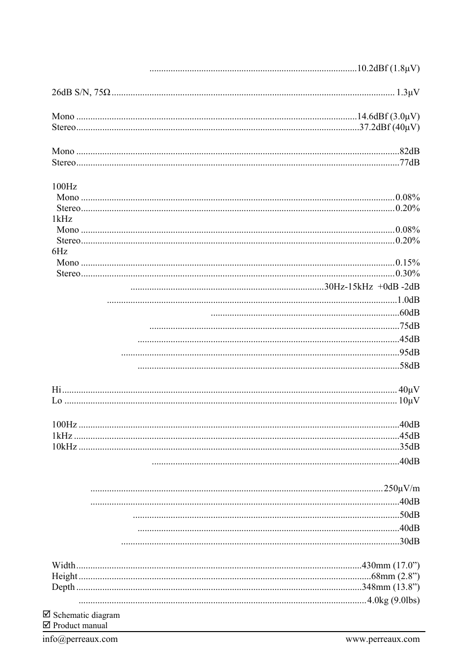 Specifications | Perreaux ET User Manual | Page 2 / 2