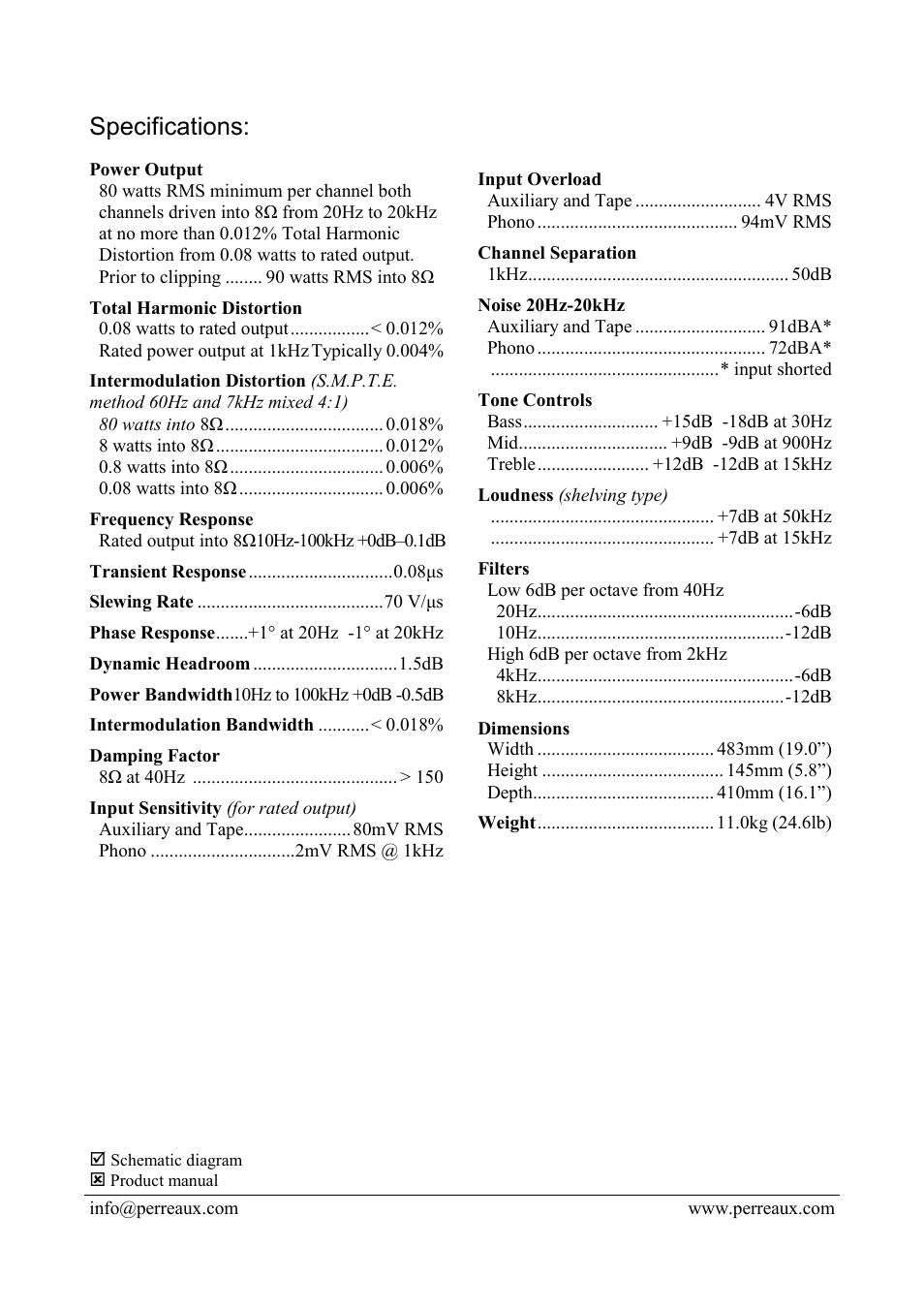 Specifications | Perreaux SA80B User Manual | Page 2 / 2