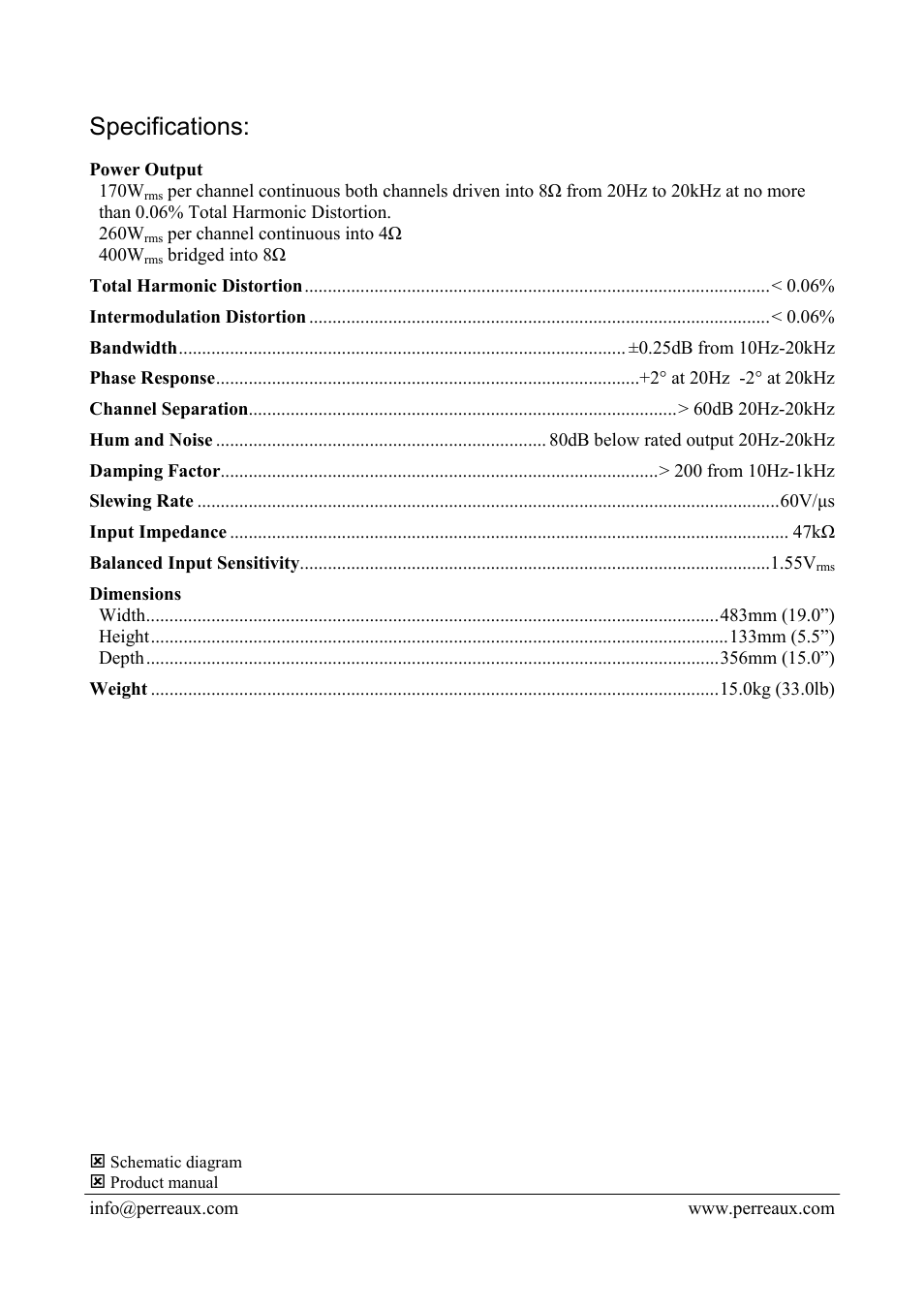 Specifications | Perreaux 3000B User Manual | Page 2 / 2