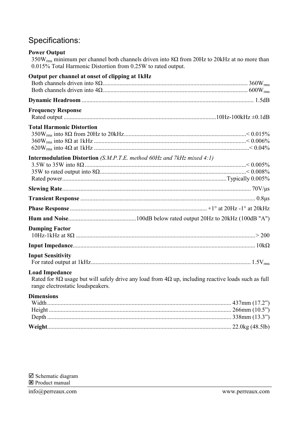 Specifications | Perreaux PMF4000 User Manual | Page 2 / 2