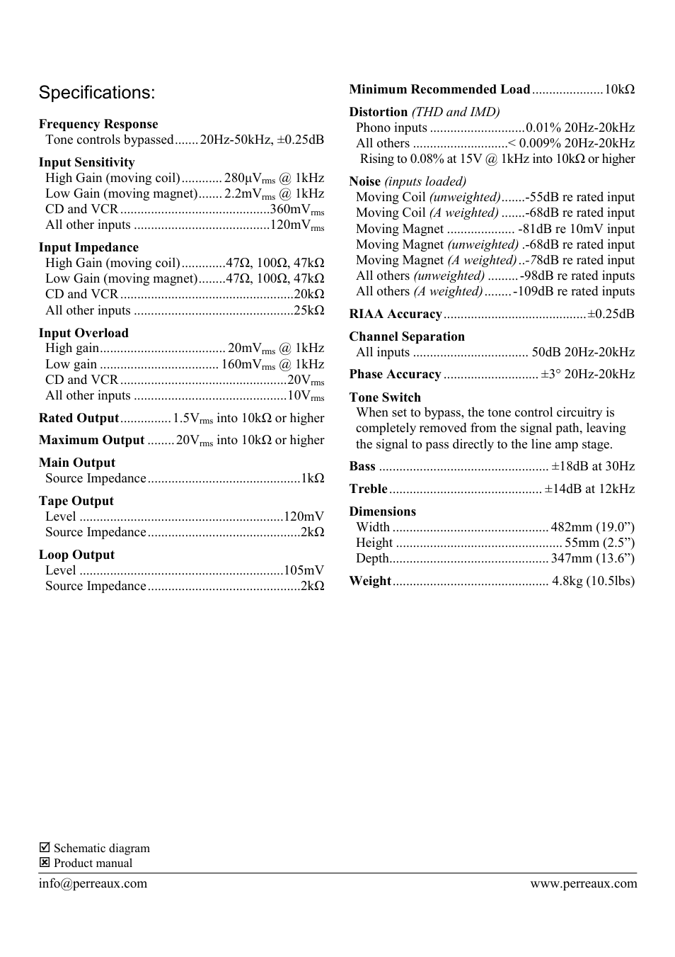 Specifications | Perreaux SA33 User Manual | Page 2 / 2