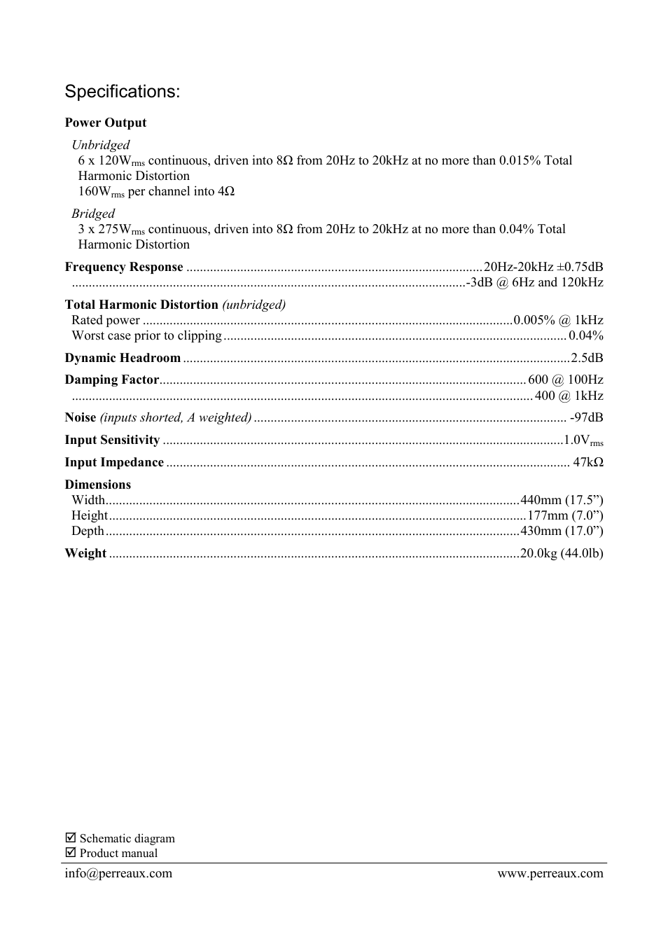 Specifications | Perreaux MC6100 User Manual | Page 2 / 2