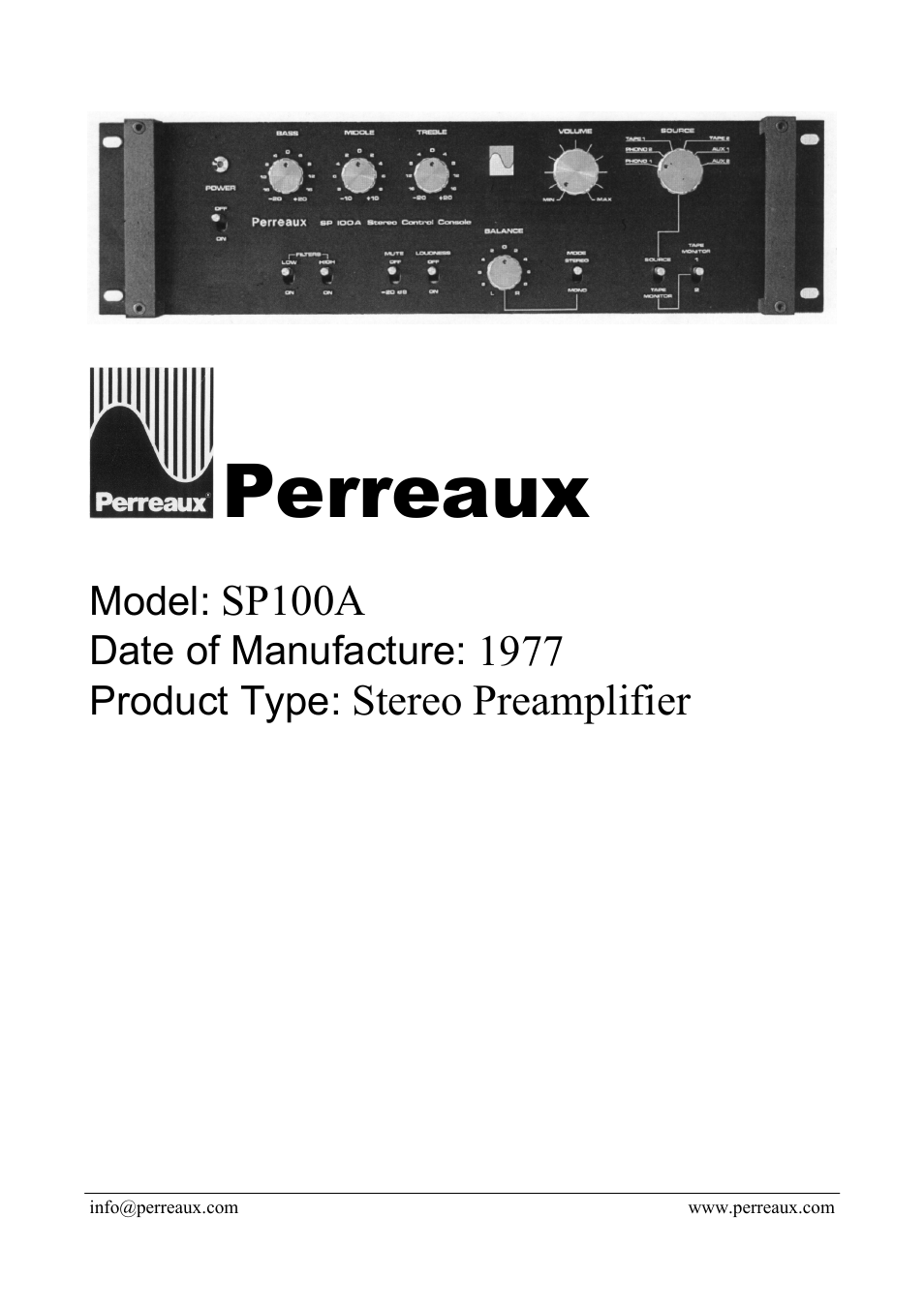 Perreaux SP100A User Manual | 2 pages