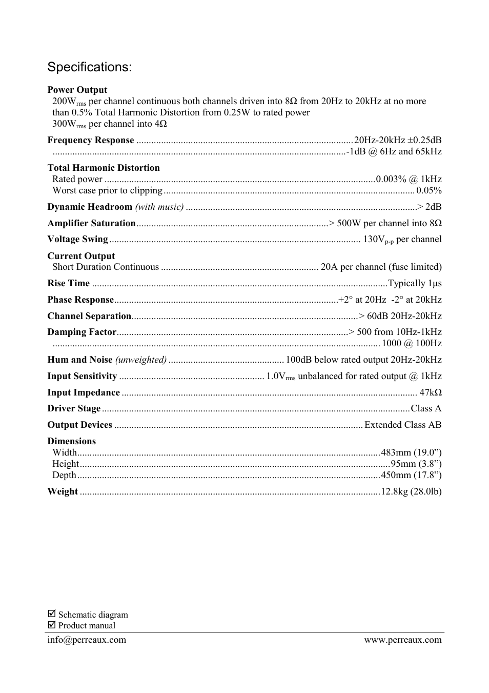 Specifications | Perreaux E2200 User Manual | Page 2 / 2