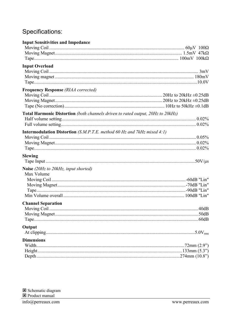 Specifications | Perreaux SP10 User Manual | Page 2 / 2