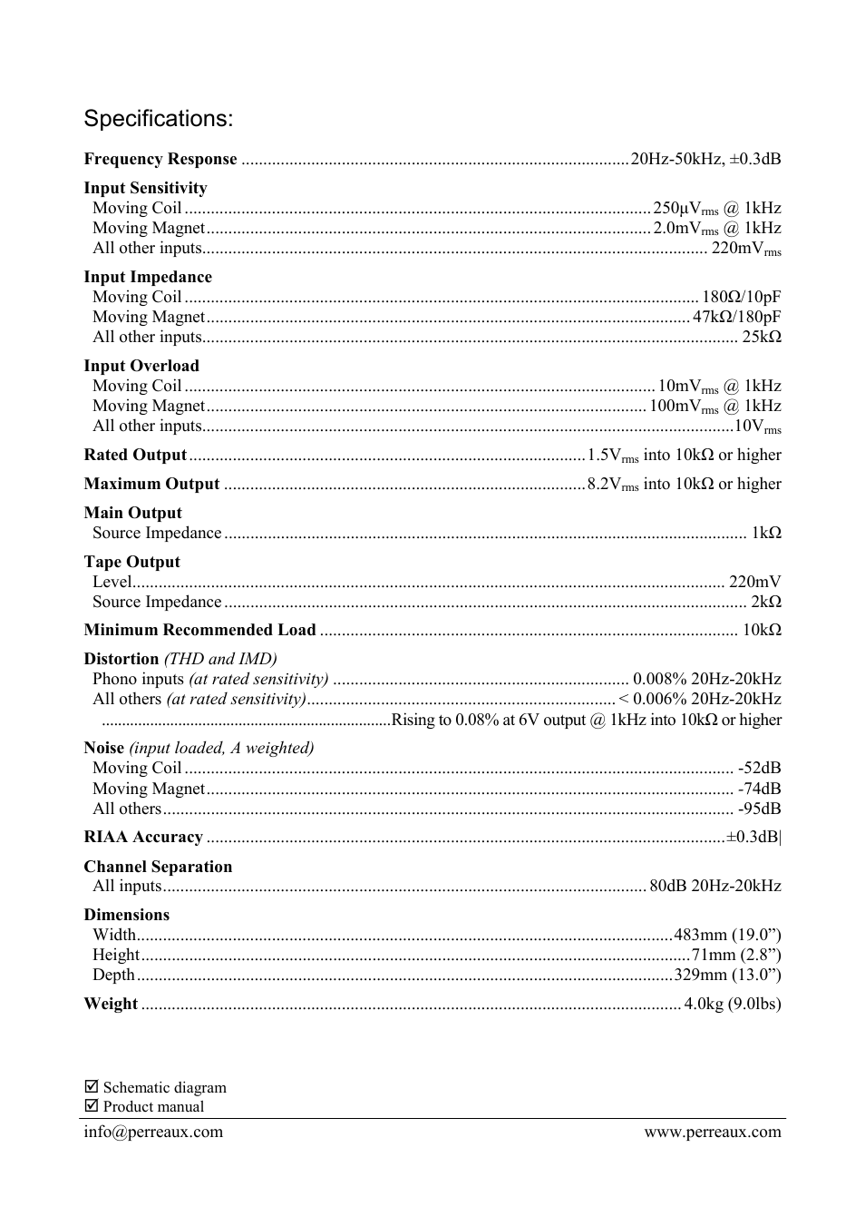 Specifications | Perreaux EP3 User Manual | Page 2 / 2