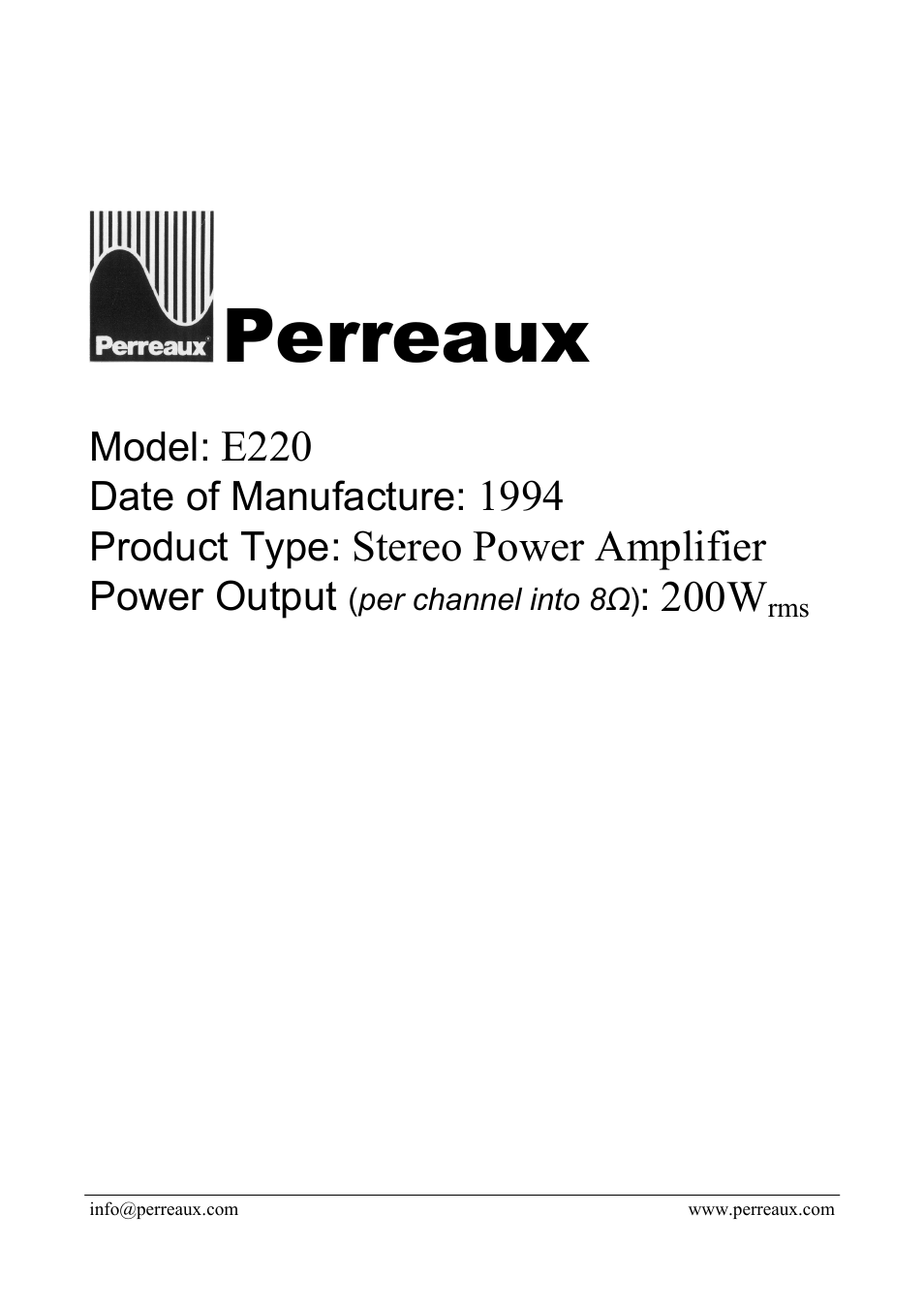 Perreaux E220 User Manual | 2 pages