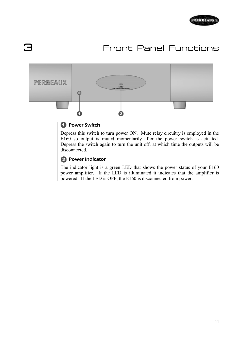 Front panel functions | Perreaux E160 User Manual | Page 12 / 38