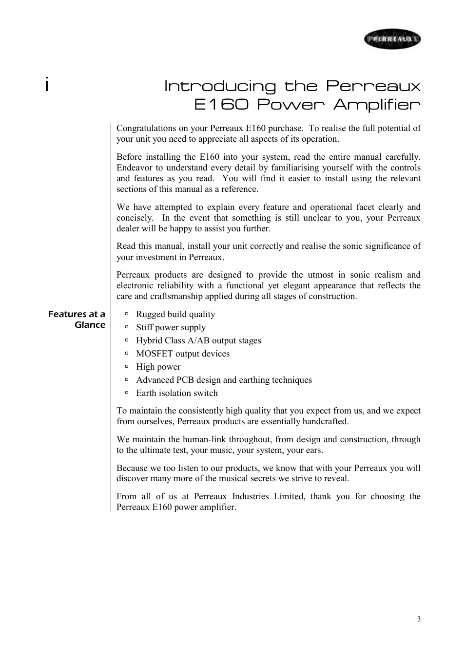Introducing the perreaux e160 power amplifier | Perreaux E160 User Manual | Page 4 / 38