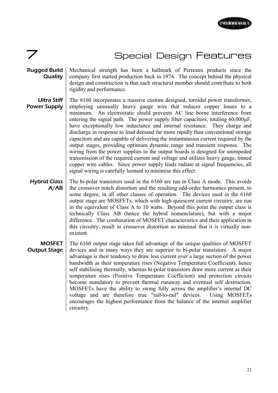 Features, Special design | Perreaux 6160/P User Manual | Page 22 / 42